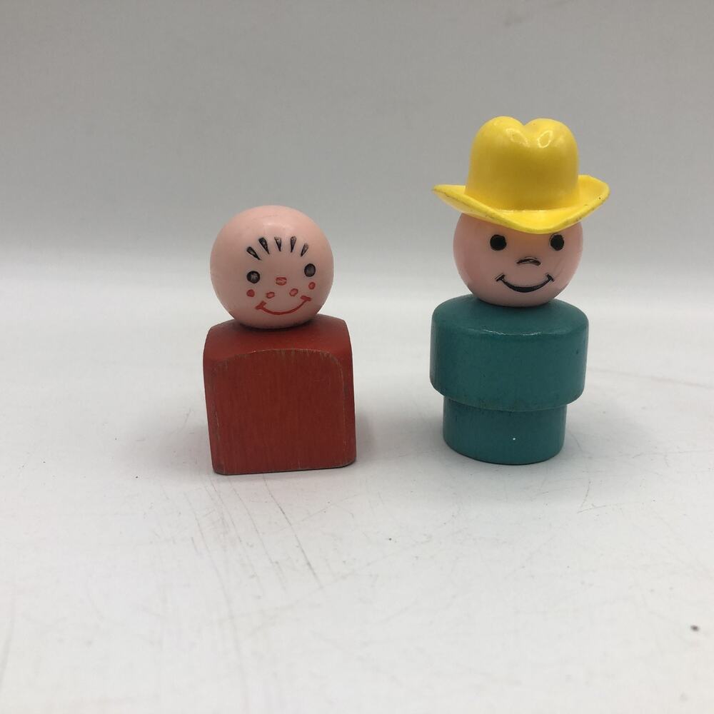 Vintage Fisher Price Little People All Wood Figures Square Red Boy Green Cowboy